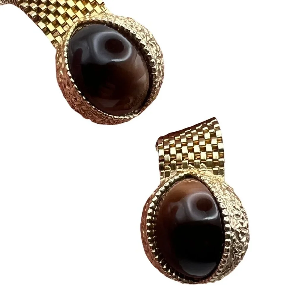 Vintage Swank Cufflinks Gold-Tone Mesh Wraparound Brown Cats Eye Stone MCM